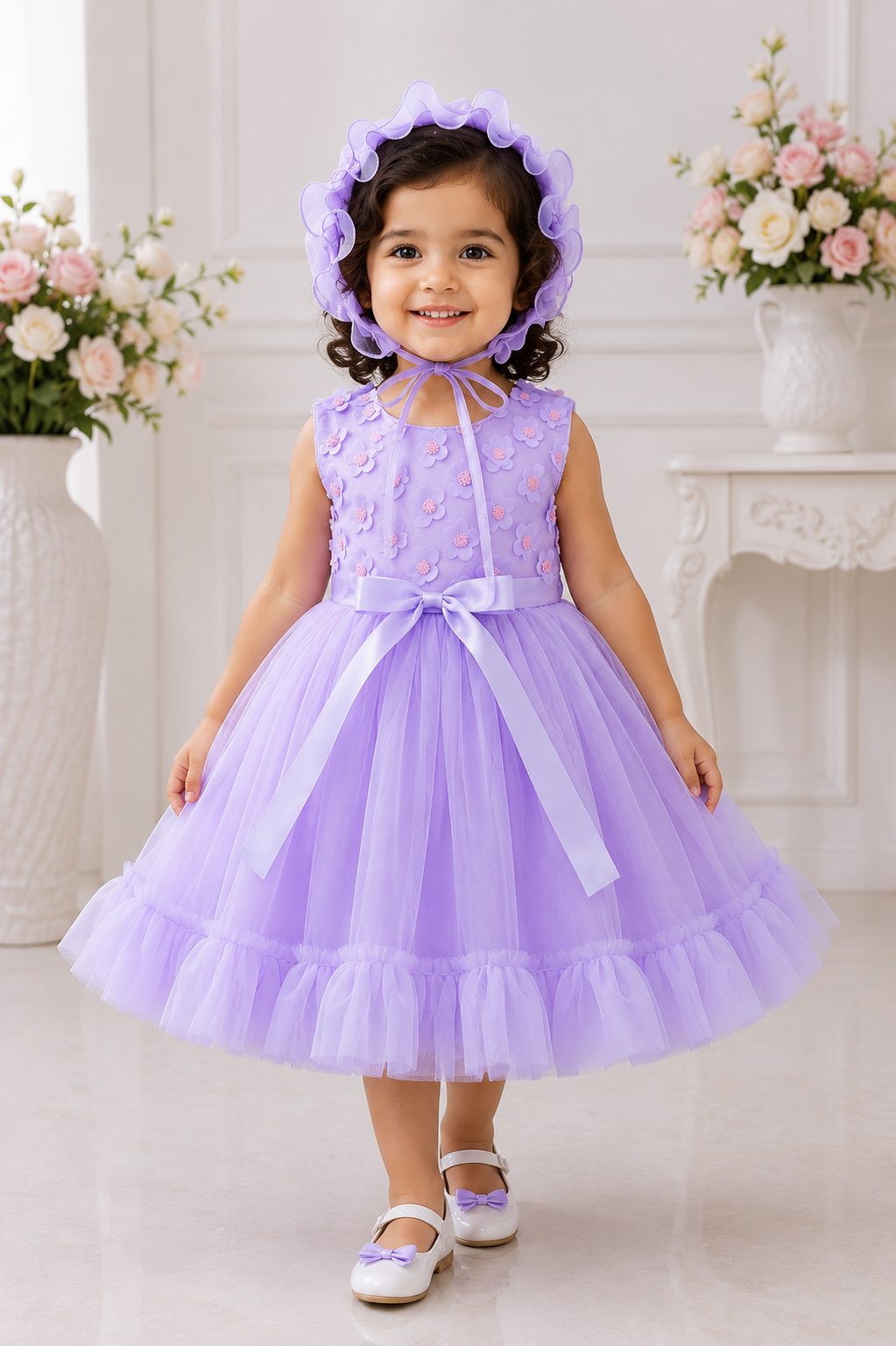 Lavender floral net baby frock with matching bonnet