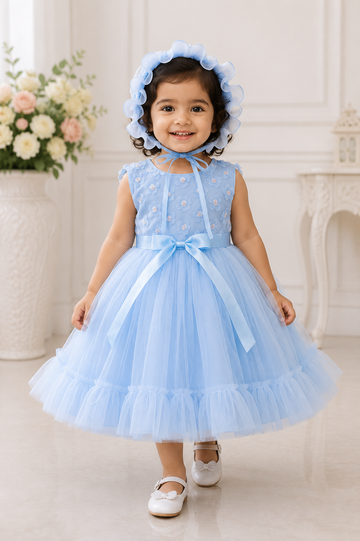 Light blue embroidered sleeveless party frock for girls