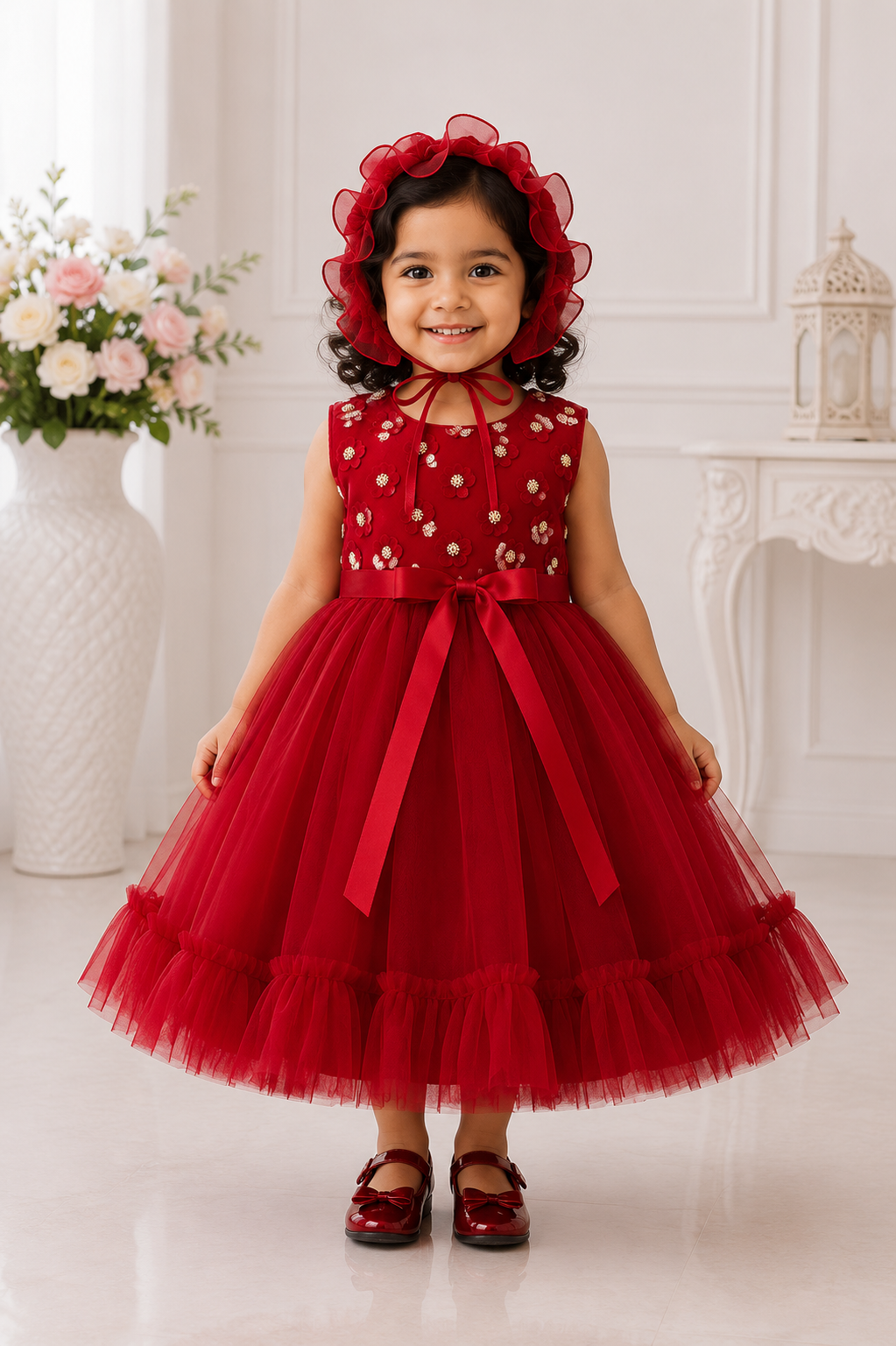 Red baby girl party frock with matching bonnet and sequin embellishments