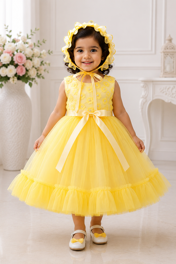 Sunshine Yellow Baby Frock with Floral Work & Bonnet