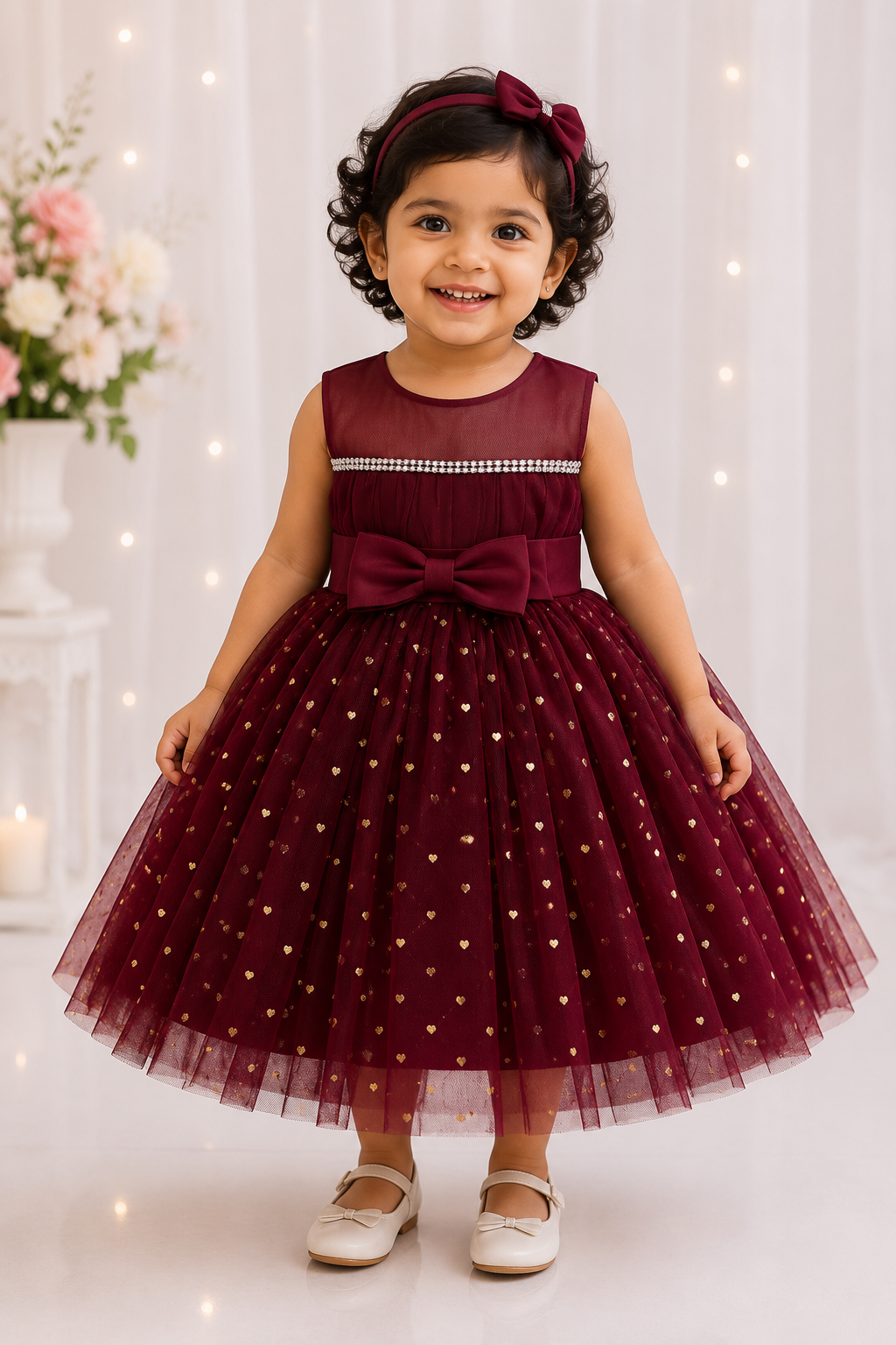 Maroon Baby Girl Party Wear Frock with Golden Heart Detailing