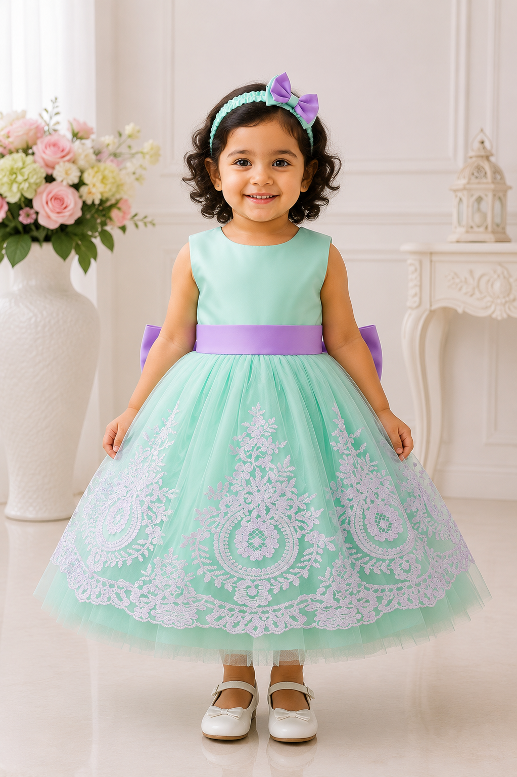 Mint green lace princess party dress for baby girls