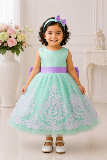 Mint green lace princess party dress for baby girls