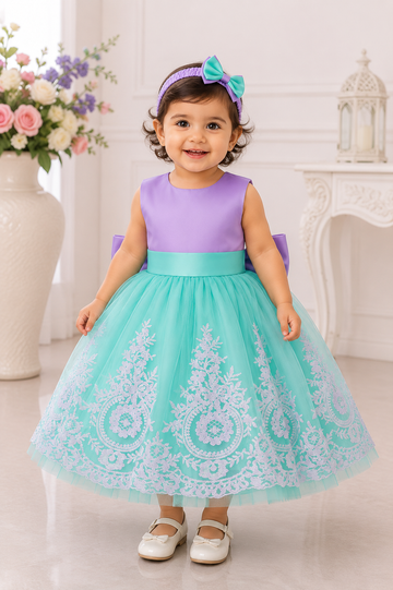 Lavender and aqua embroidered party dress for girls with matching headband