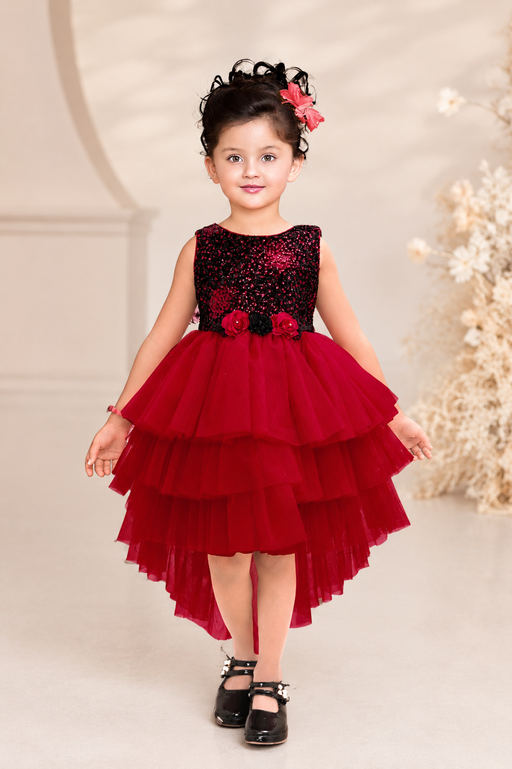 Red layered ruffle party dress for girls with black sequin bodice