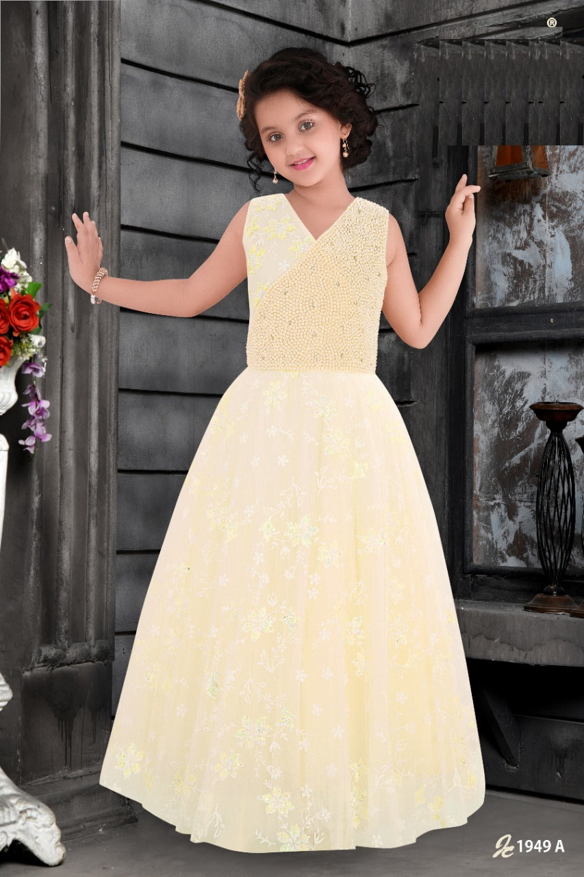 Charming Sleeveless Pearl Embellished Long Gown for Girls – Soft Cream - Inayah Fashion