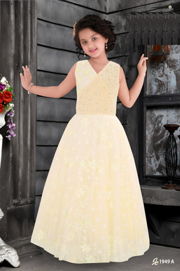 Charming Sleeveless Pearl Embellished Long Gown for Girls – Soft Cream - Inayah Fashion