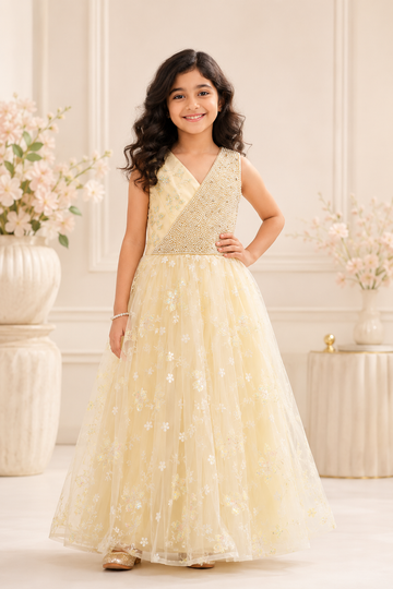 Charming Sleeveless Pearl Embellished Long Gown for Girls – Soft Cream