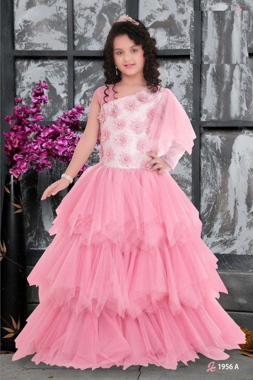 Pink Layered Princess Gown with Floral Embroidery - Inayah Fashion