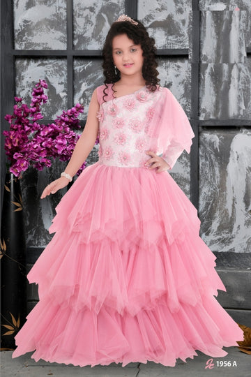 Pink Layered Princess Gown with Floral Embroidery - Inayah Fashion