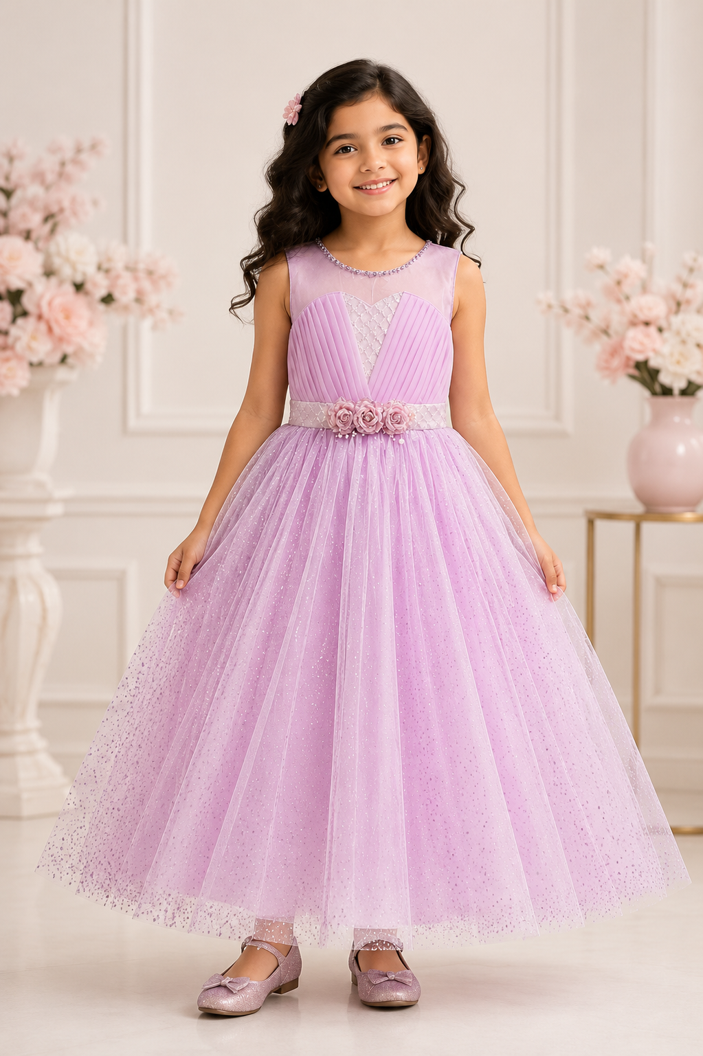 Lilac princess ball gown for girls with floral belt