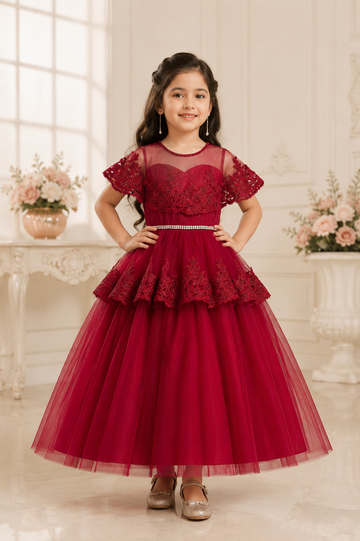 Royal red net gown for girls with lace cape and embellished waist