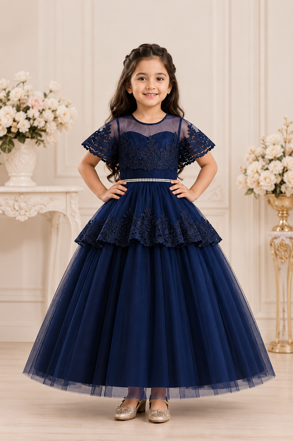 Satin princess short sleeve summer party dress for girls