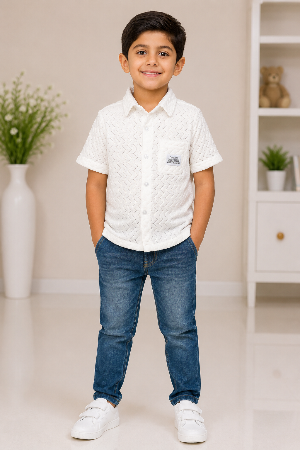Boys white textured short-sleeve casual shirt