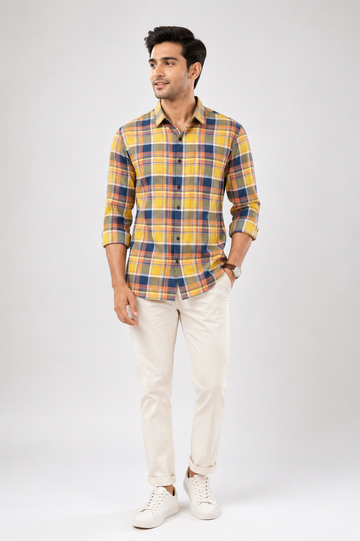 Men's Yellow Multi-Check Casual Cotton Shirt