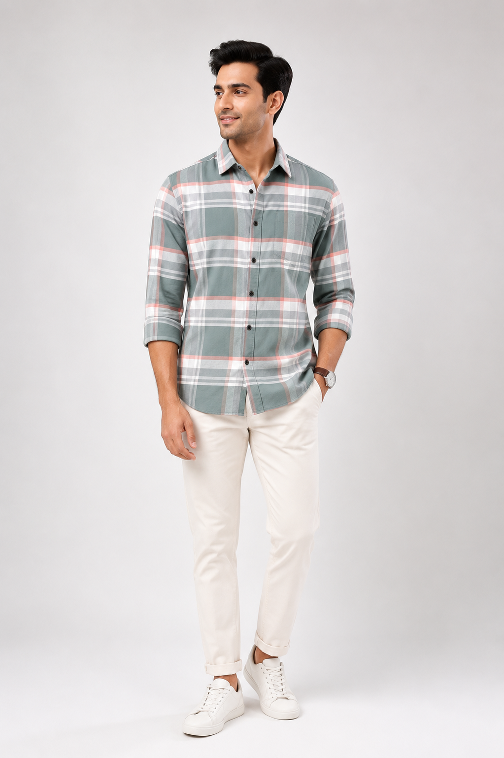 Men's sage green checked cotton casual full-sleeve shirt