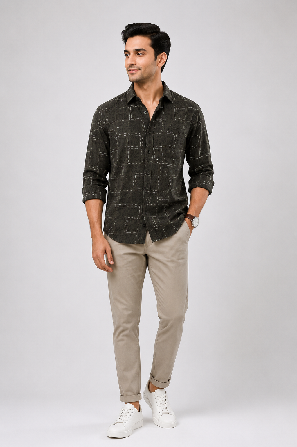 Men's black geometric print casual full-sleeve shirt