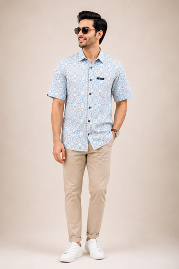 Men's Sky Blue Geometric Print Casual Shirt