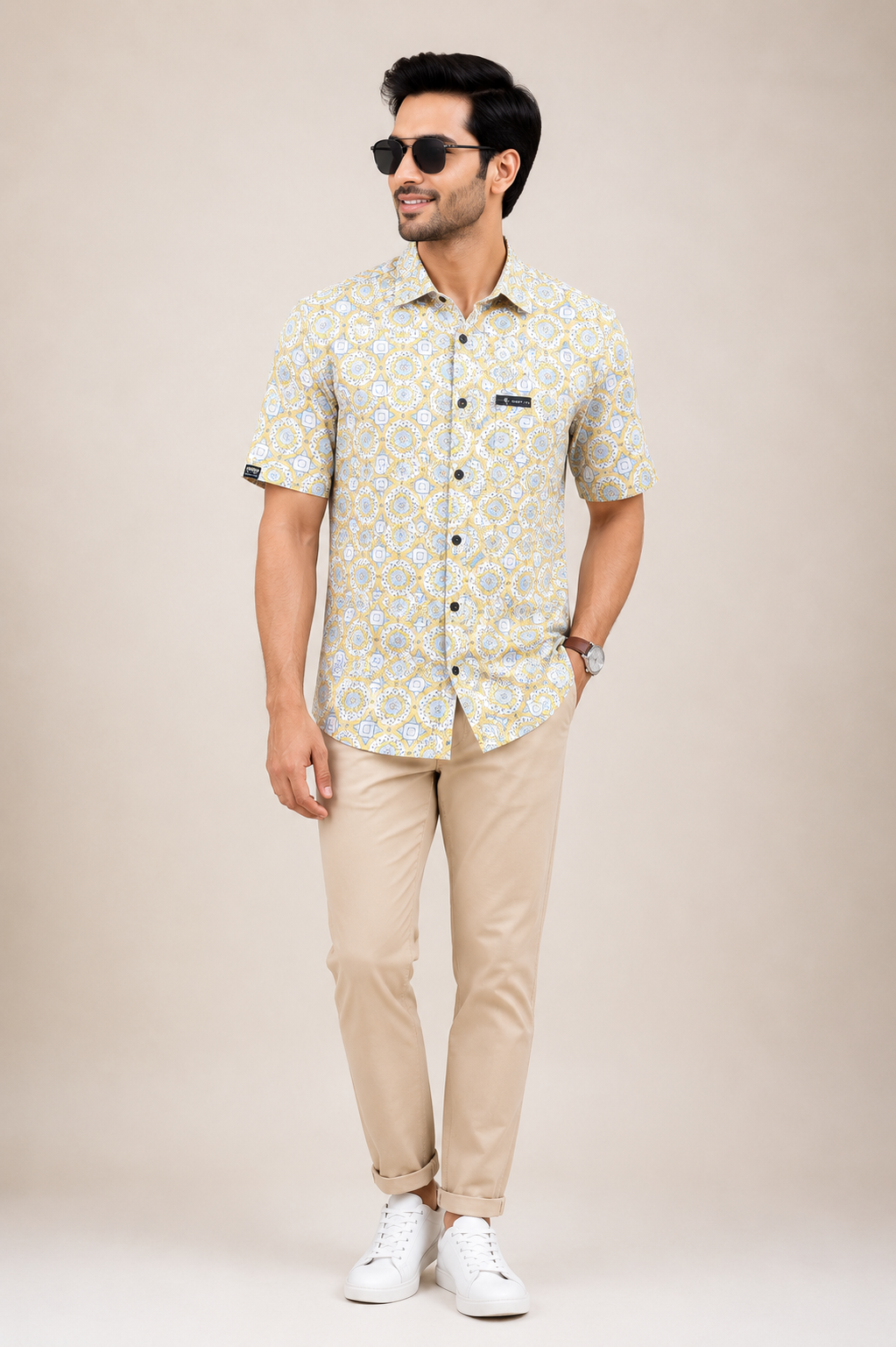 Men's mustard geometric print casual shirt