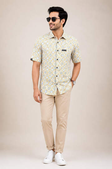 Men's Mustard Geometric Print Casual Shirt