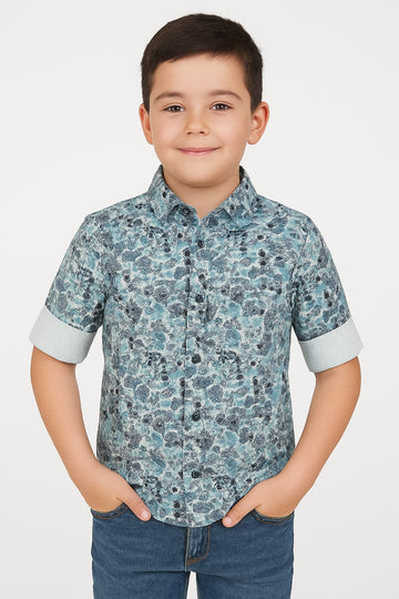 Boys Blue Printed Half Sleeve Shirt Stylish Casual and Party Wear Shirt - Inayah Fashion