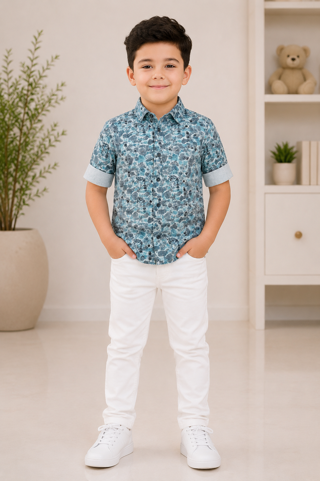 Boys blue printed half-sleeve casual shirt