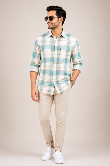 Men's Mint Green Checked Casual Shirt