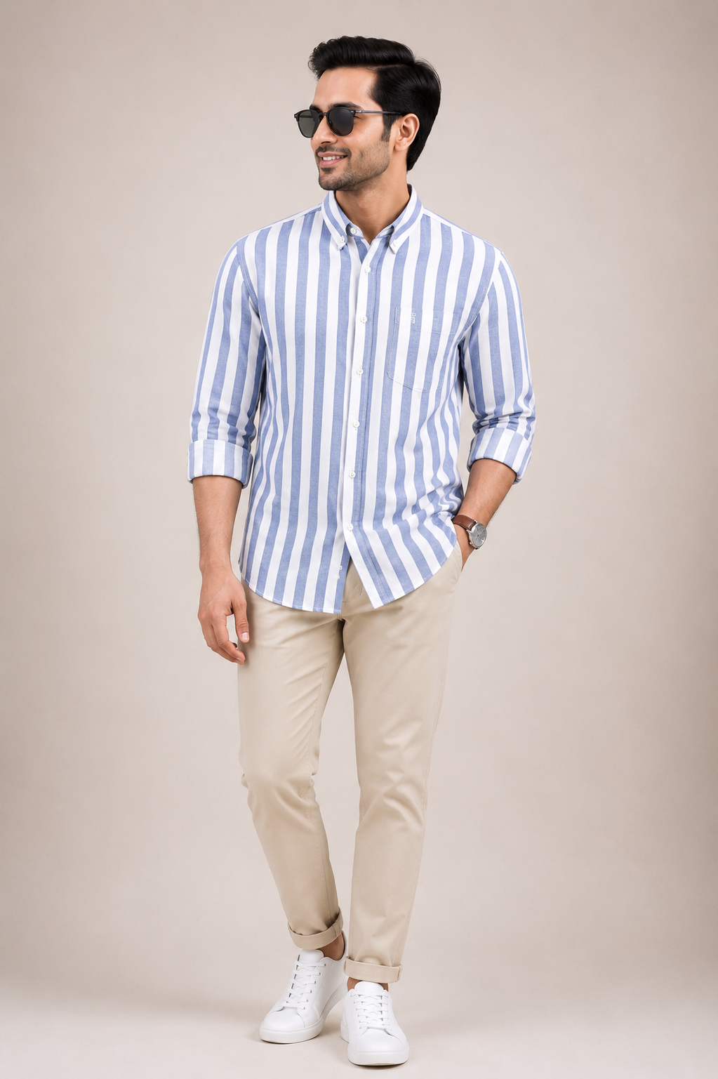 Men's blue and white vertical stripe casual shirt