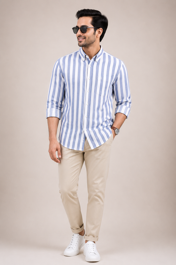Men's Blue & White Vertical Stripe Casual Shirt