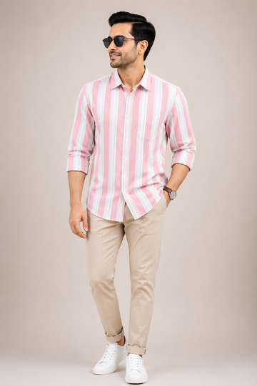 Men's Pink & White Vertical Stripe Casual Shirt