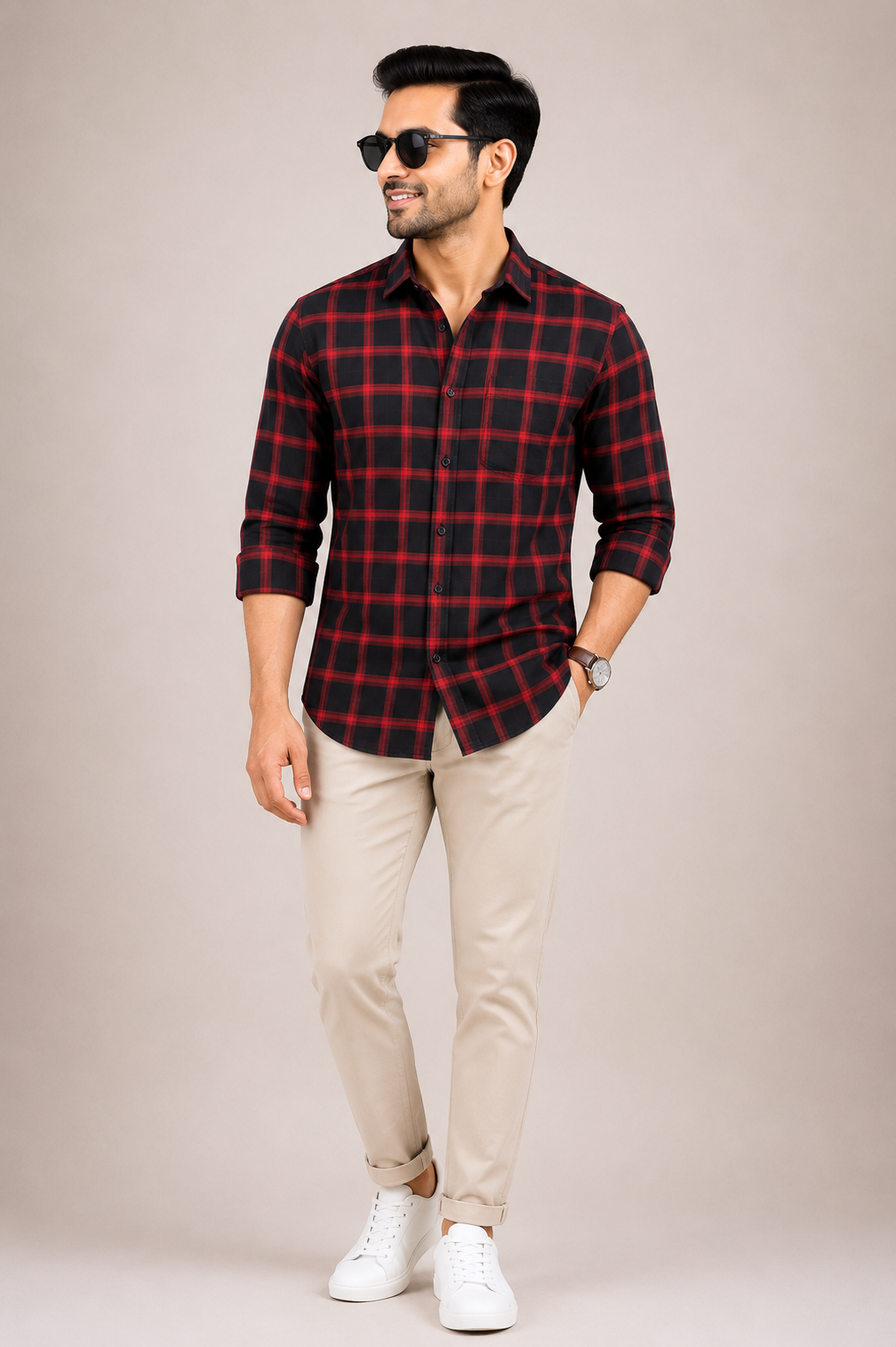 Men's black and red checked casual shirt