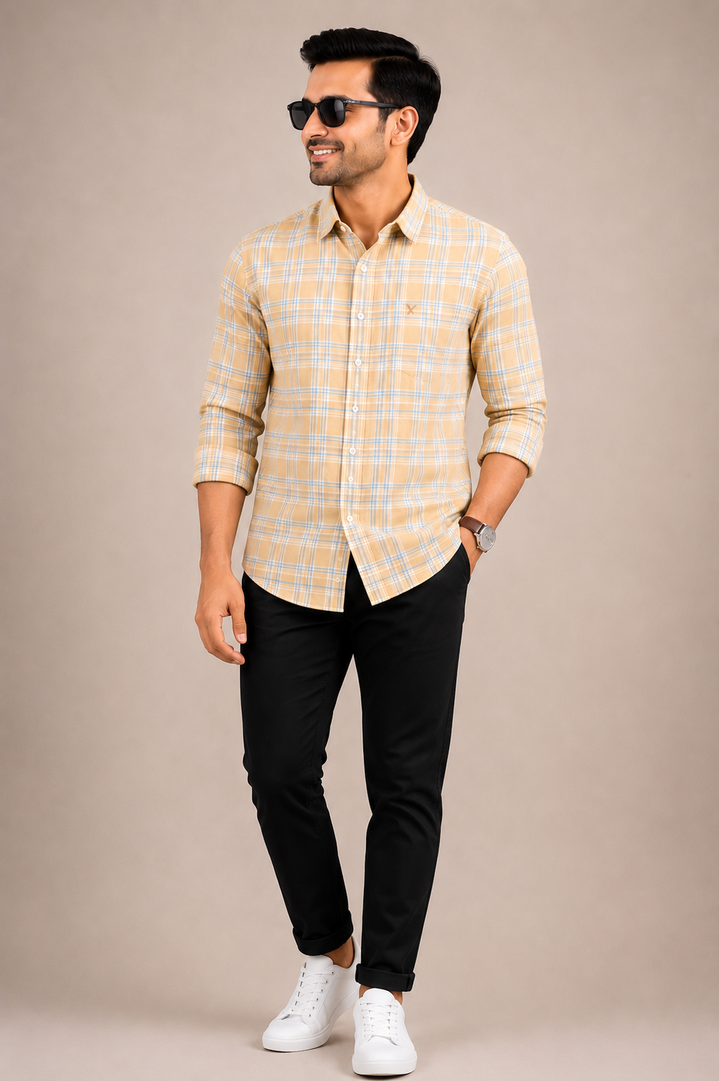 Men's light yellow checked casual shirt