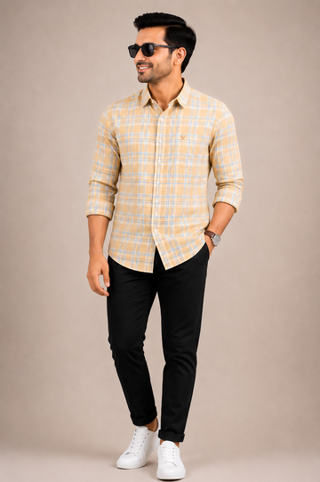 Men’s Light Yellow Checked Casual Shirt