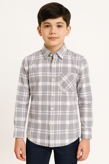 Boys Grey Checked Full Sleeve Shirt Stylish Casual and Party Wear Shirt - Inayah Fashion
