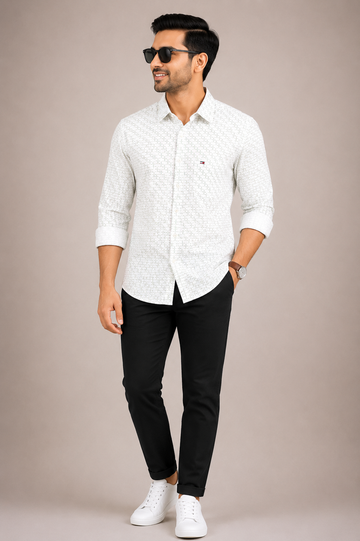 Men’s White Micro Printed Casual Shirt