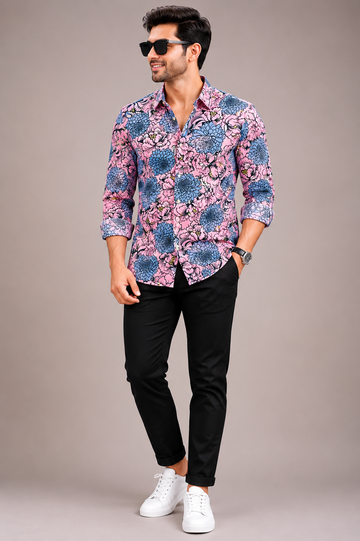 Men’s Pink & Blue Floral Printed Casual Shirt