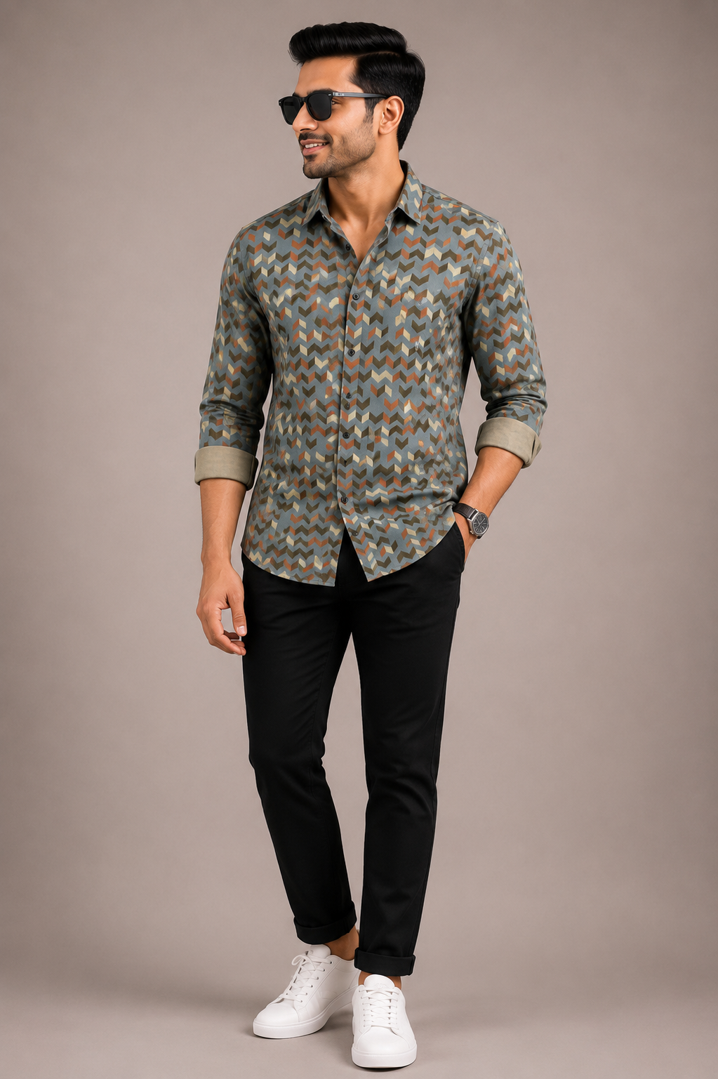Men's olive green geometric print casual shirt