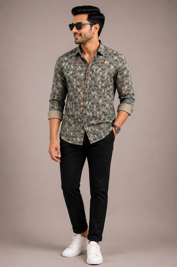 Men’s Olive Green Geometric Printed Casual Shirt