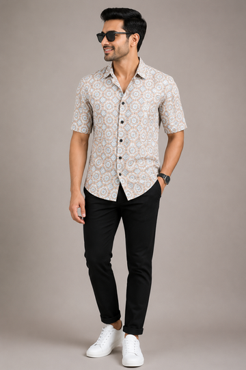 Men’s Beige Geometric Printed Casual Shirt