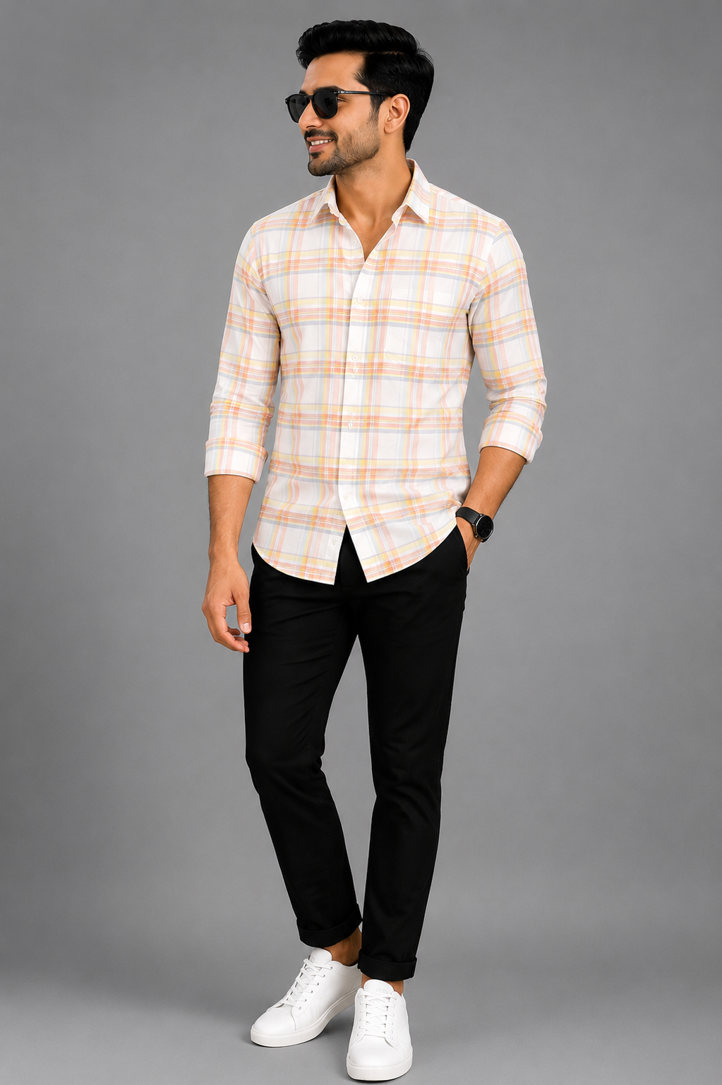 Men's white pastel checked casual shirt