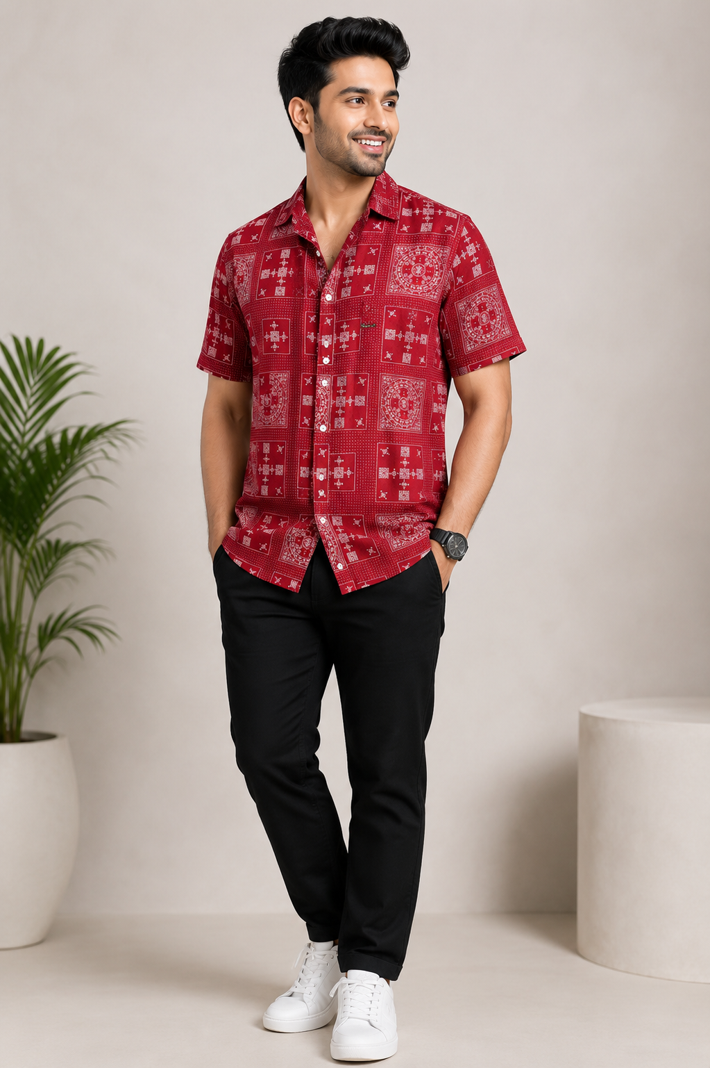 Men’s Red Printed Casual Shirt