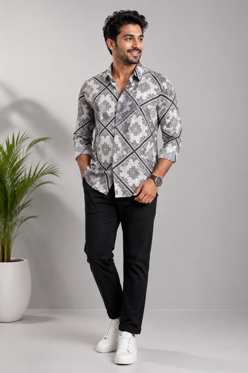 Men’s Grey Diamond Printed Casual Shirt