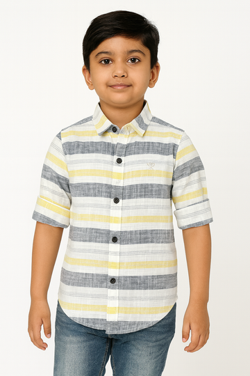 Boys Striped Casual Shirt – Yellow & Grey Cotton Blend - Inayah Fashion