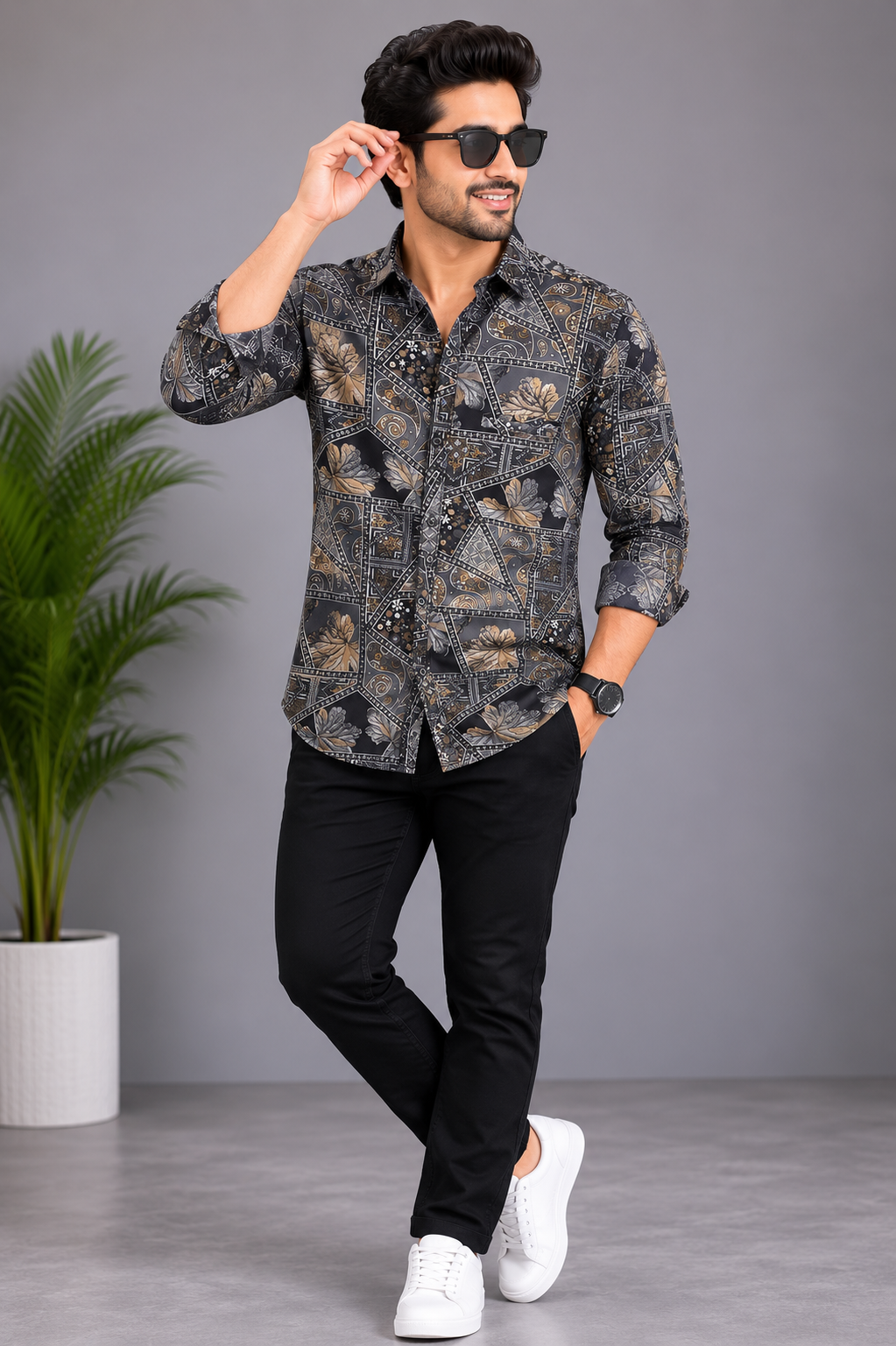Men's black abstract floral print casual shirt