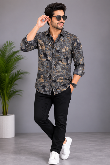 Men’s Black Abstract Floral Printed Casual Shirt
