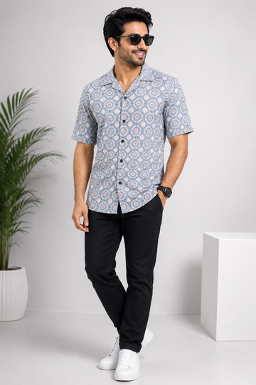 Men’s Sky Blue Geometric Printed Casual Shirt
