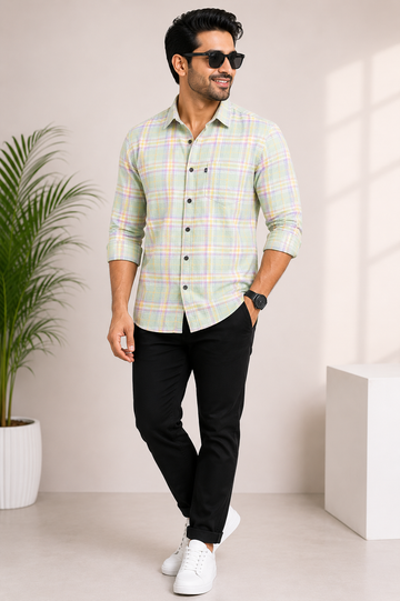 Men’s Mint Green Pastel Checked Casual Shirt