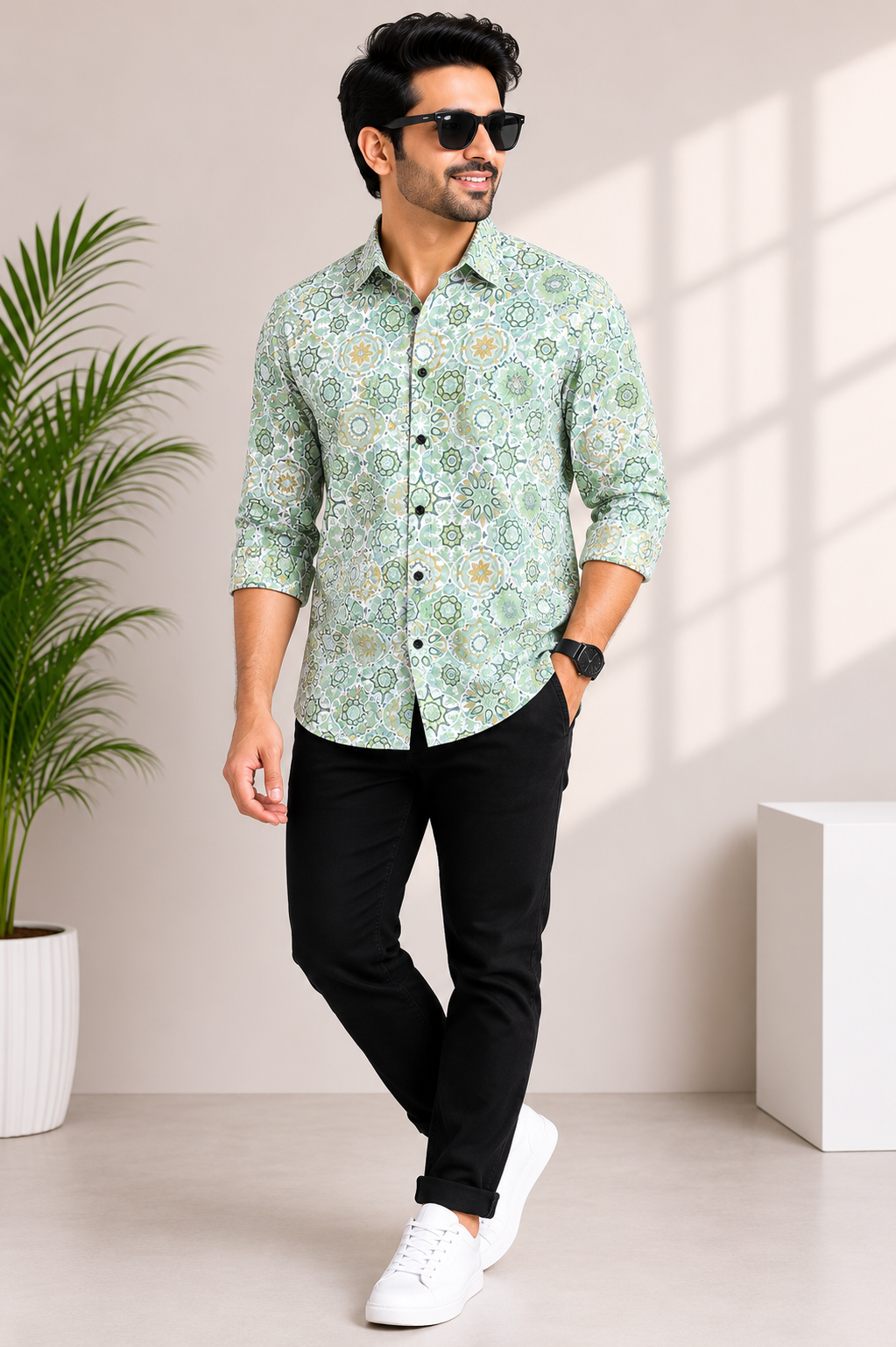 Men's mint green floral print casual shirt