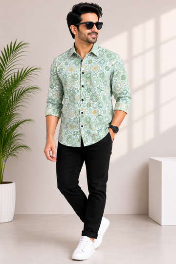 Men’s Mint Green Floral Printed Casual Shirt