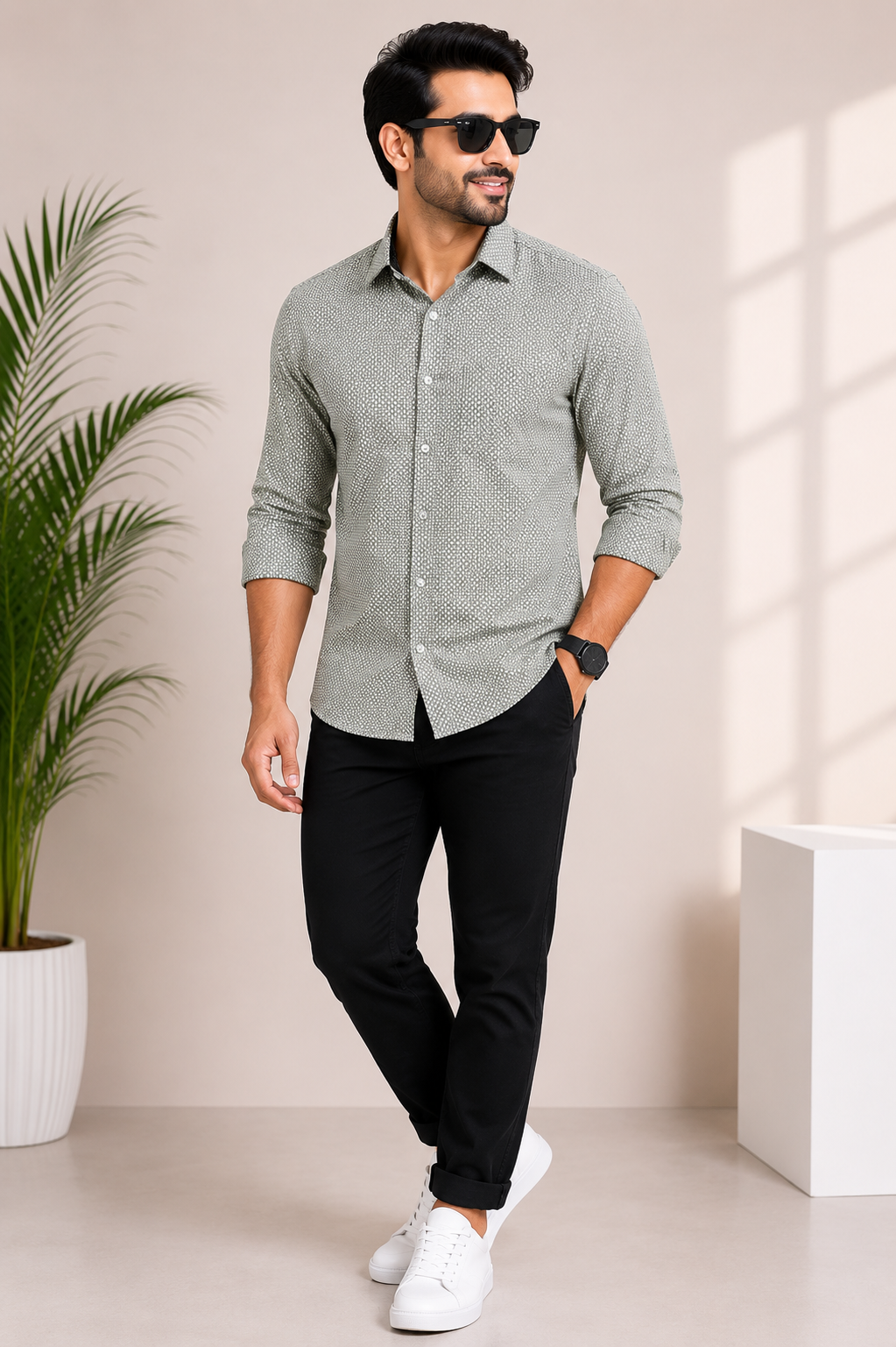 Men's sage green micro print premium casual shirt